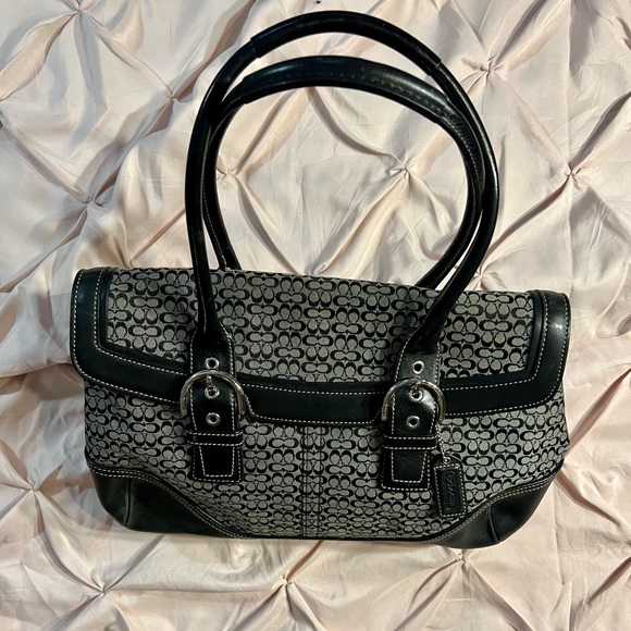 Coach black/grey Signature Soho Canvas and Leather Flap Buckle Satchel - Picture 4 of 14